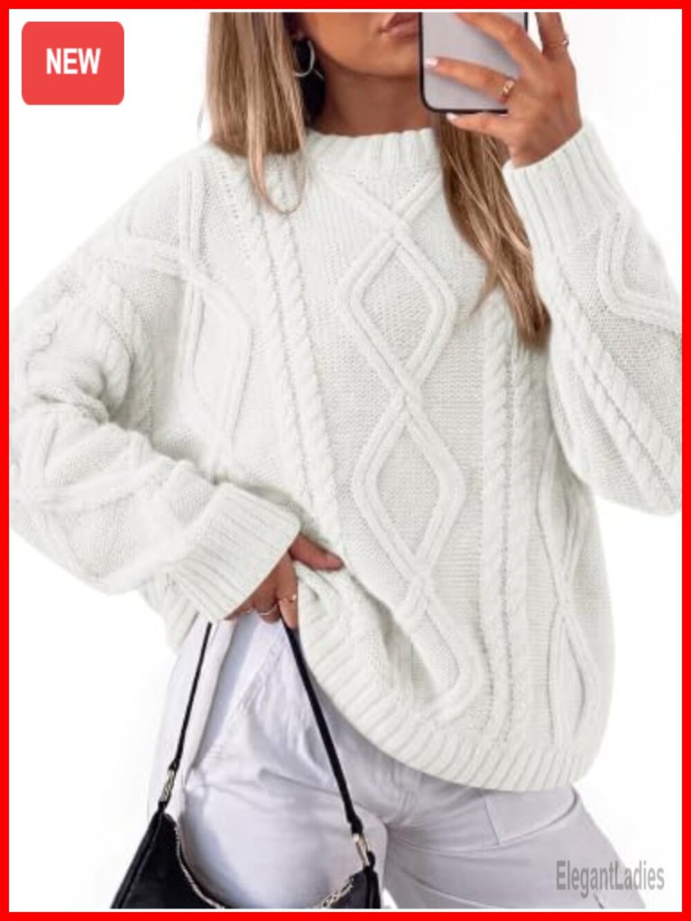 Oversized Cable Knit Sweater Pullover Crew Neck Long Sleeve